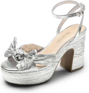 DREAM PAIRS Women's Chunky Platform Heels Sandals Pleated Bow Knot Ankle Buckle Strap Heeled Sandals Open Toe Comfortable Wedding Party Dress Shoes