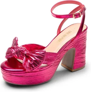 DREAM PAIRS Women's Chunky Platform Heels Sandals Pleated Bow Knot Ankle Buckle Strap Heeled Sandals Open Toe Comfortable Wedding Party Dress Shoes