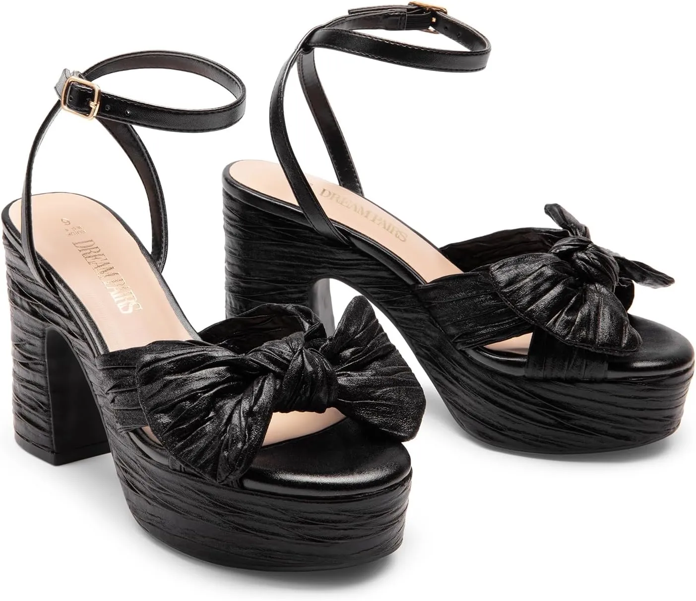 DREAM PAIRS Women's Chunky Platform Heels Sandals Pleated Bow Knot Ankle Buckle Strap Heeled Sandals Open Toe Comfortable Wedding Party Dress Shoes