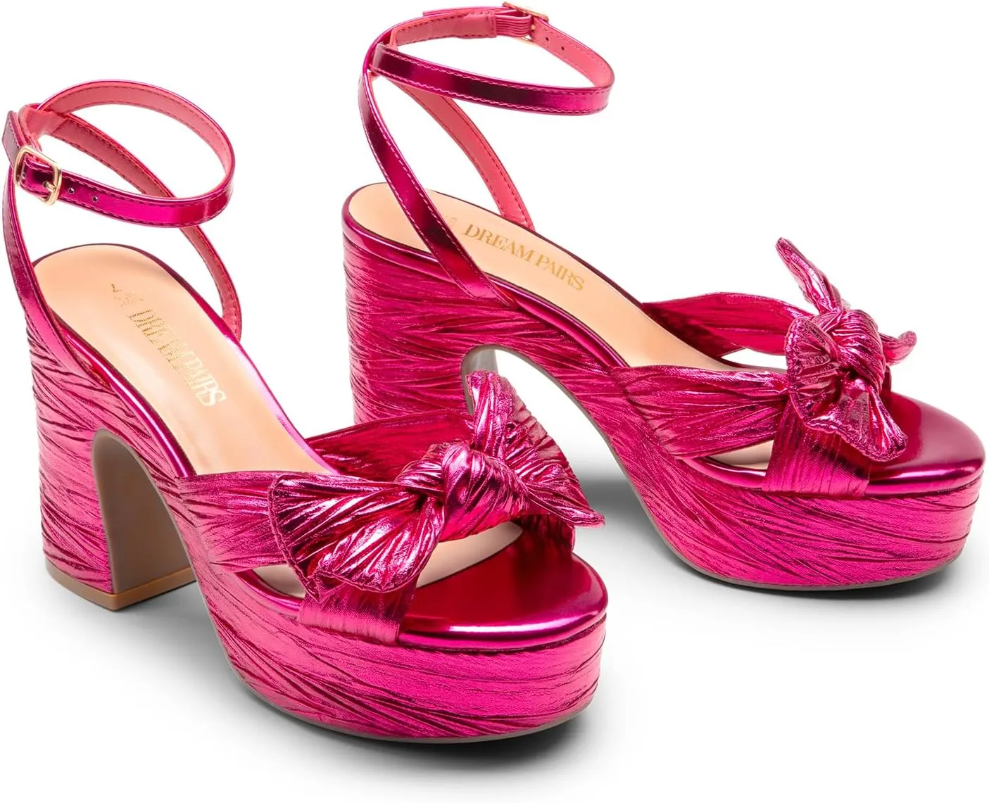 DREAM PAIRS Women's Chunky Platform Heels Sandals Pleated Bow Knot Ankle Buckle Strap Heeled Sandals Open Toe Comfortable Wedding Party Dress Shoes