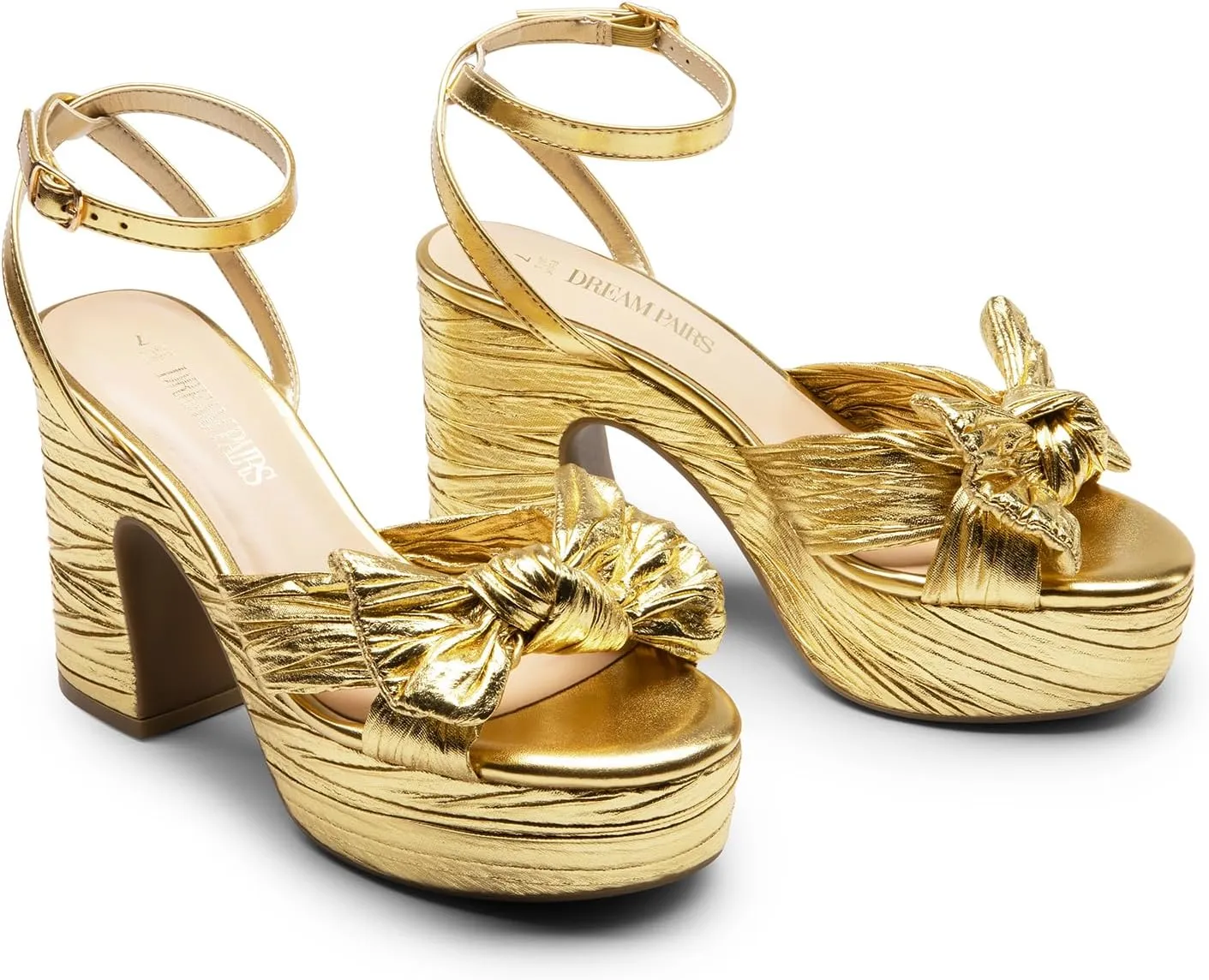 DREAM PAIRS Women's Chunky Platform Heels Sandals Pleated Bow Knot Ankle Buckle Strap Heeled Sandals Open Toe Comfortable Wedding Party Dress Shoes