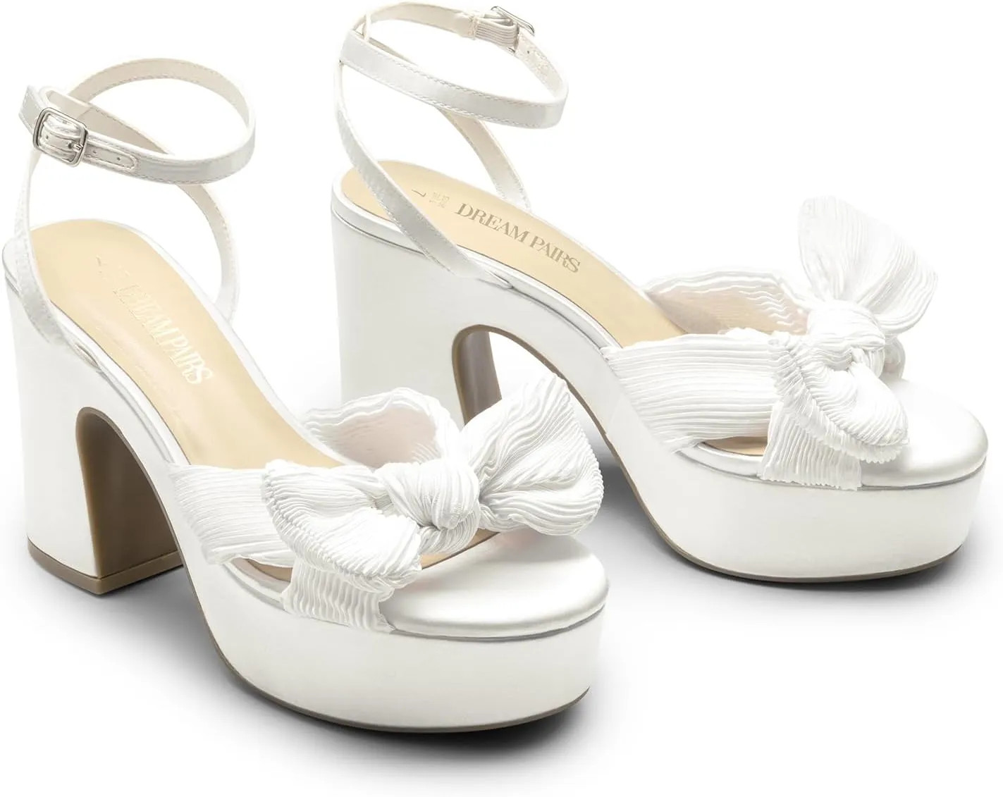 DREAM PAIRS Women's Chunky Platform Heels Sandals Pleated Bow Knot Ankle Buckle Strap Heeled Sandals Open Toe Comfortable Wedding Party Dress Shoes
