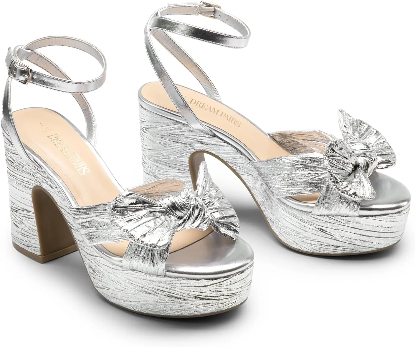 DREAM PAIRS Women's Chunky Platform Heels Sandals Pleated Bow Knot Ankle Buckle Strap Heeled Sandals Open Toe Comfortable Wedding Party Dress Shoes