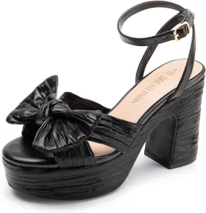 DREAM PAIRS Women's Chunky Platform Heels Sandals Pleated Bow Knot Ankle Buckle Strap Heeled Sandals Open Toe Comfortable Wedding Party Dress Shoes