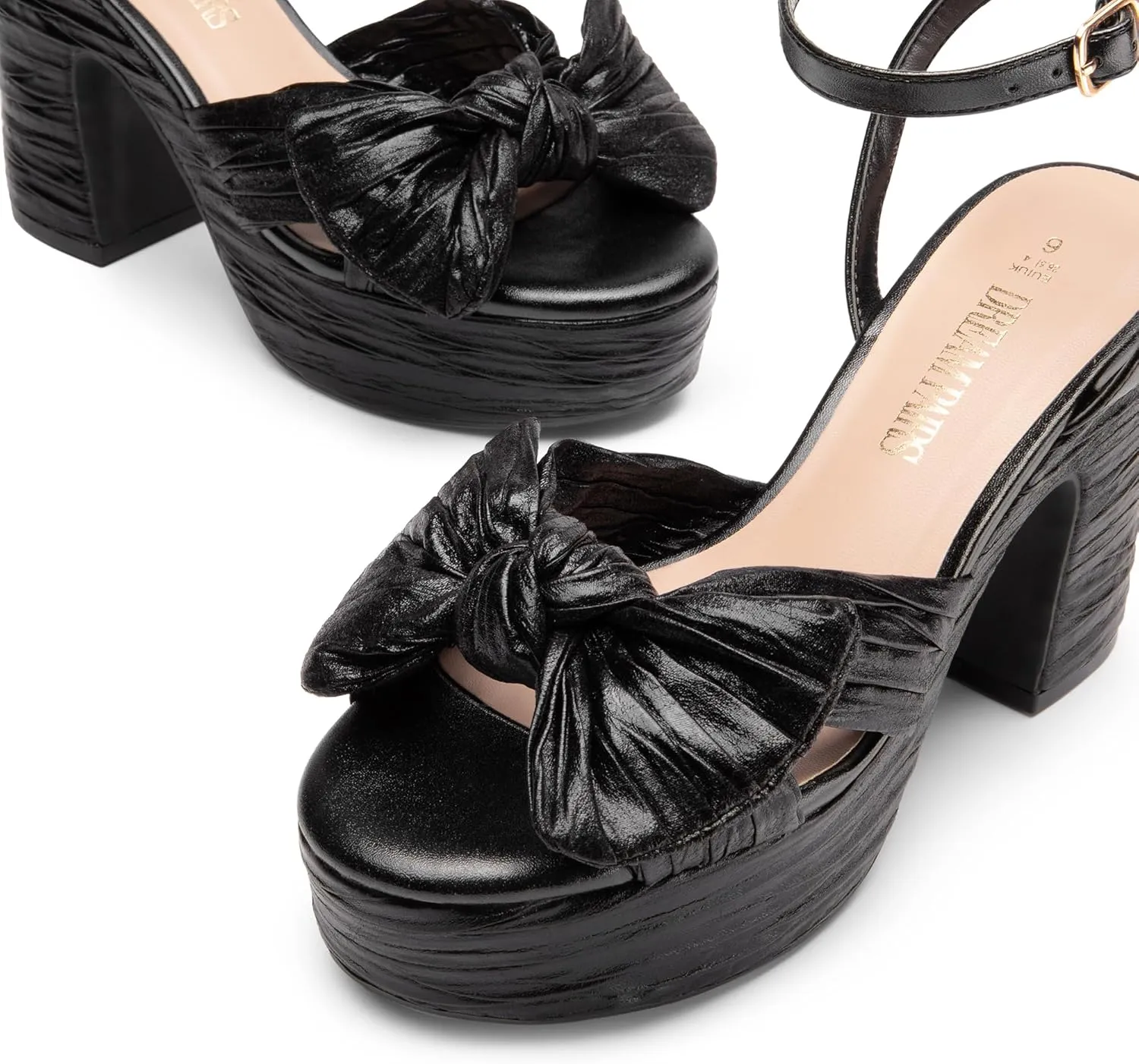 DREAM PAIRS Women's Chunky Platform Heels Sandals Pleated Bow Knot Ankle Buckle Strap Heeled Sandals Open Toe Comfortable Wedding Party Dress Shoes