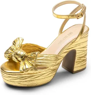 DREAM PAIRS Women's Chunky Platform Heels Sandals Pleated Bow Knot Ankle Buckle Strap Heeled Sandals Open Toe Comfortable Wedding Party Dress Shoes