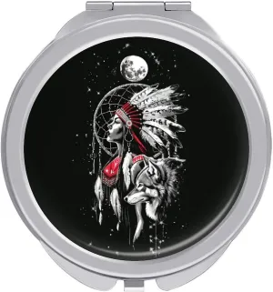Dreamcatcher Wolf Moon Woman Compact Mirror Pocket Mirror Small Mirror for Purse Portable Mini Travel Makeup Mirror Folding Handheld Double-Sided Magnifying Compact Mirror for Women Gift