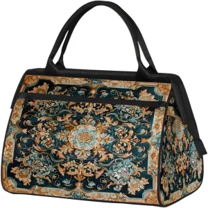 Duffel Bags Gym Bag for Women Men, Travel Duffel Bag with Trolley Sleeve, Waterproof Sports Gym Bag Weekender Overnight Bag Carry On Tote Bag for Gym Travel Sport, Tile Flowers Ornament Plaid