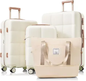 Durable and 4-Piece Luggage Set with USB Port and Spinner Wheels, 20-Inch Carry-On, Beige