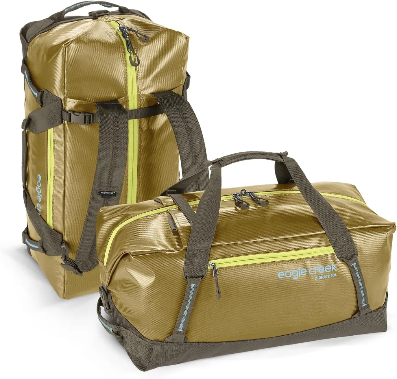 Eagle Creek Migrate 60L Travel Backpack Duffle Bag with Tuck-Away Backpack Straps, Full-Access Wide Mouth Opening & Seamless Bottom Bathtub Construction, Field Brown