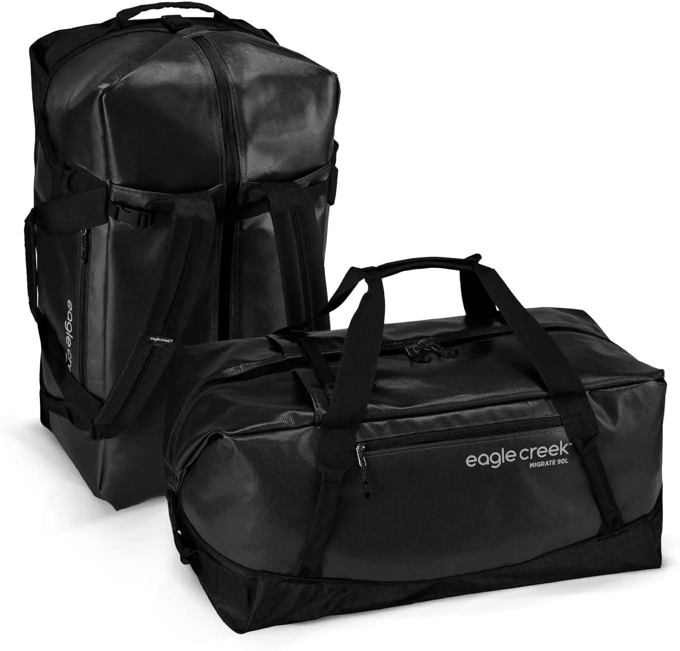 Eagle Creek Migrate 90L Travel Backpack Duffle Bag with Tuck-Away Backpack Straps, Full-Access Wide Mouth Opening & Seamless Bottom Bathtub Construction, Black