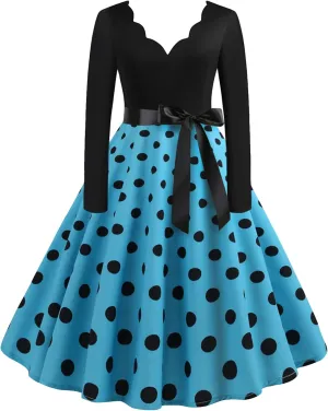 EFOFEI Women's Hepburn Polka Dots Dress Long Sleeve Knee-Length Dress Cocktail Party Evening Dress