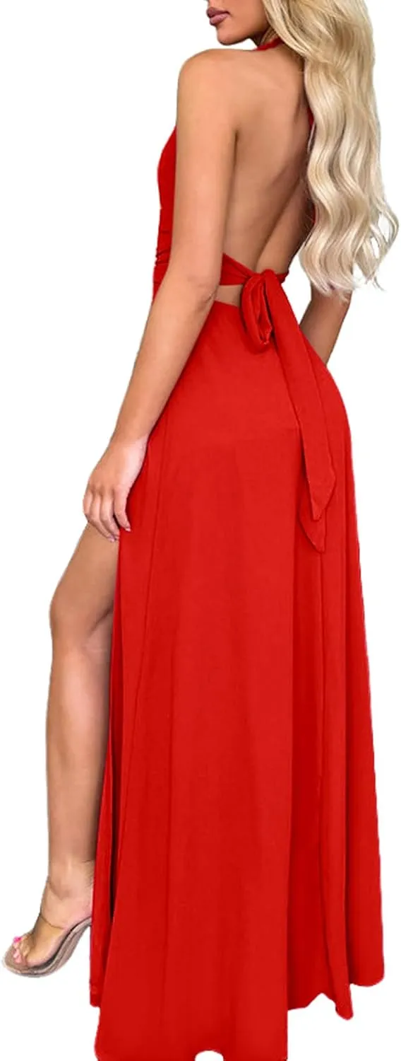 Ekaliy Womens Sexy Halter Deep V Neck Maxi Dress Sleeveless Backless Split Long Dress