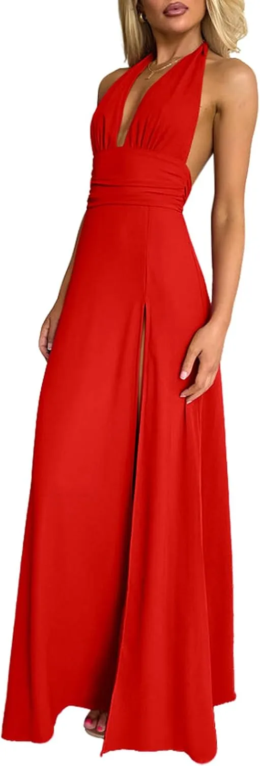 Ekaliy Womens Sexy Halter Deep V Neck Maxi Dress Sleeveless Backless Split Long Dress