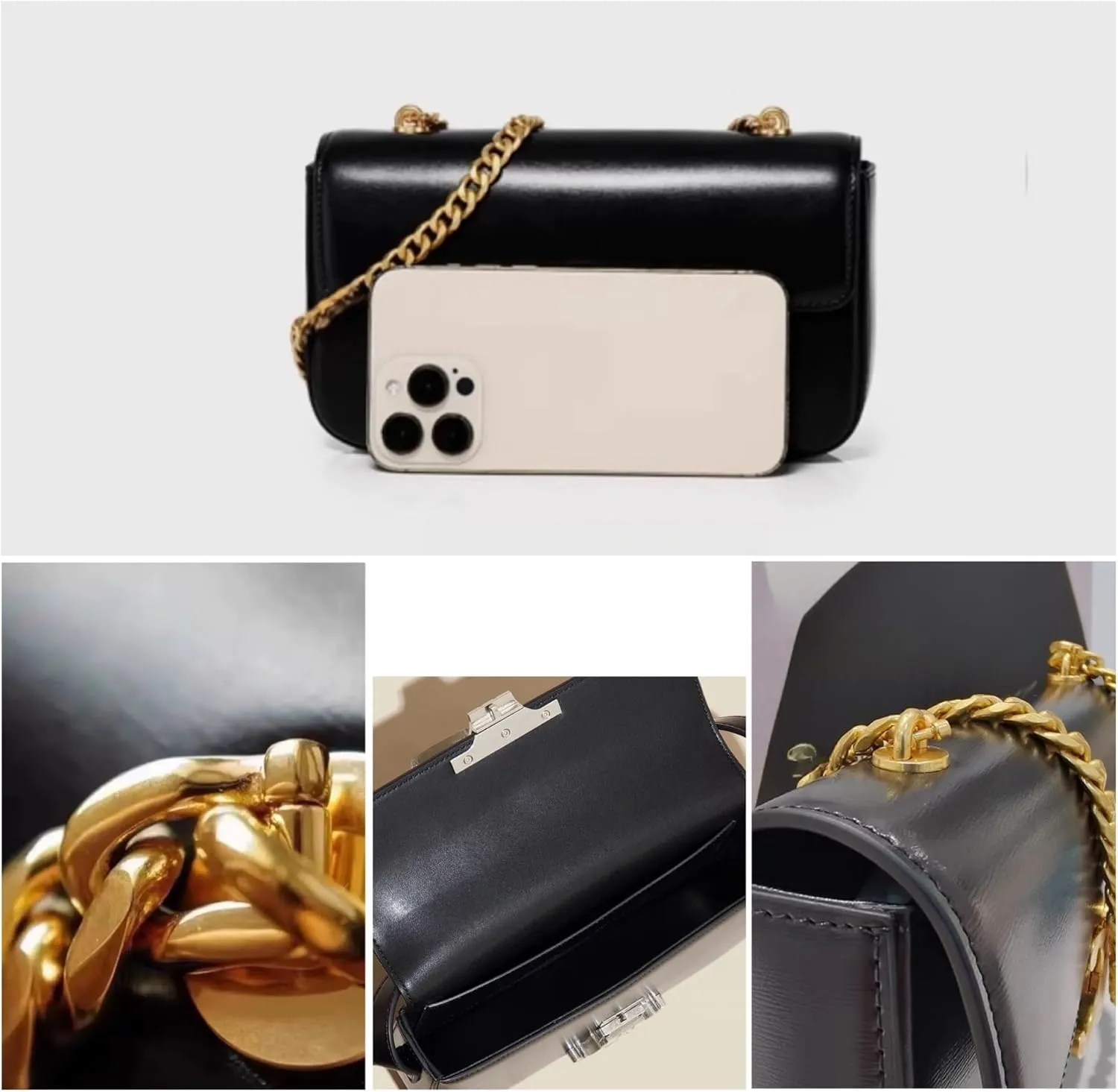 Elegant Real Leather Crossbody Bag, Burgundy Clutch, Single Shoulder Gold Bracelet