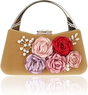 ELEOPTION® Women's Flower Evening Bag Clutch Purse Handbag Metal Frame Large Clutch Bag Wedding Hand Bag Carved Handle