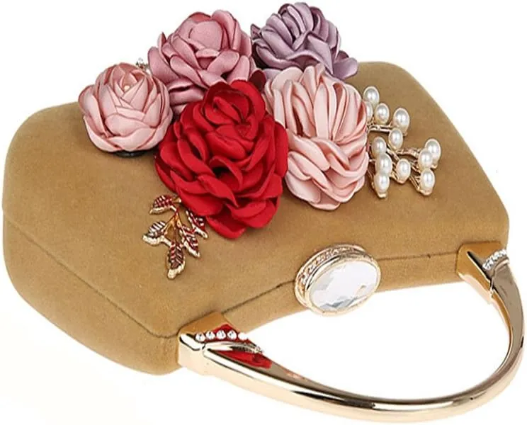 ELEOPTION® Women's Flower Evening Bag Clutch Purse Handbag Metal Frame Large Clutch Bag Wedding Hand Bag Carved Handle