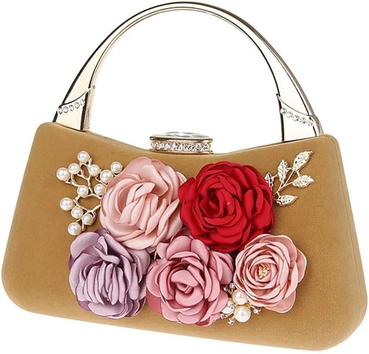 ELEOPTION® Women's Flower Evening Bag Clutch Purse Handbag Metal Frame Large Clutch Bag Wedding Hand Bag Carved Handle