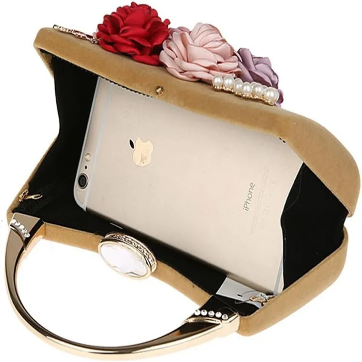 ELEOPTION® Women's Flower Evening Bag Clutch Purse Handbag Metal Frame Large Clutch Bag Wedding Hand Bag Carved Handle