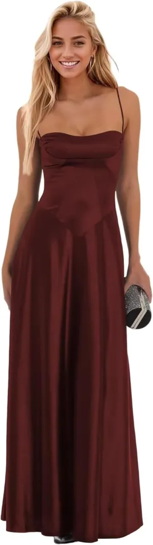 Elmiansly Spaghetti Straps Long Prom Dresses A Line Strapless Satin Formal Evening Party Gowns