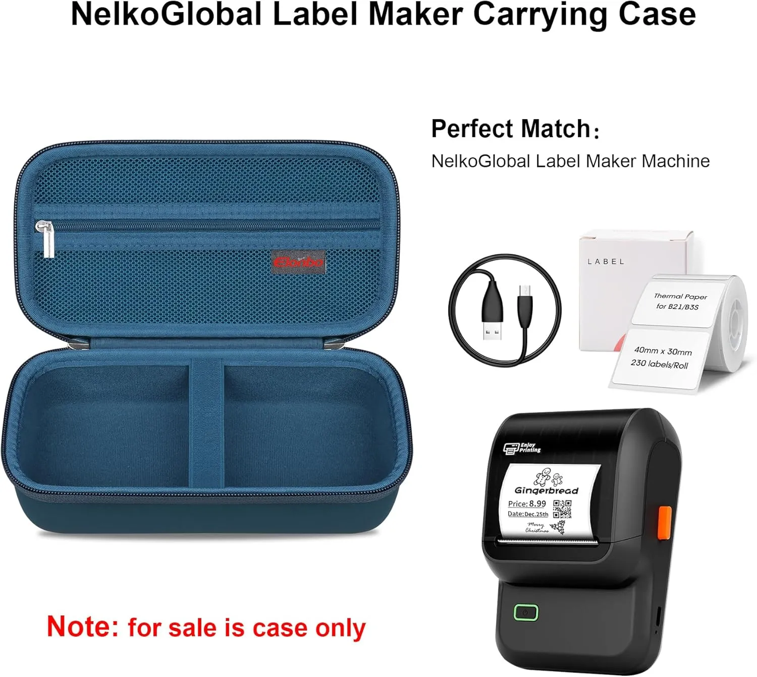 Elonbo Carrying Case for Ponek M100/ NelkoGlobal M100 Label Maker, Portable Inkless Thermal Bluetooth Label Printer Bag, Handheld Barcode Labeler Storage Holder, Mesh Pocket Fits Label Paper.Dark blue