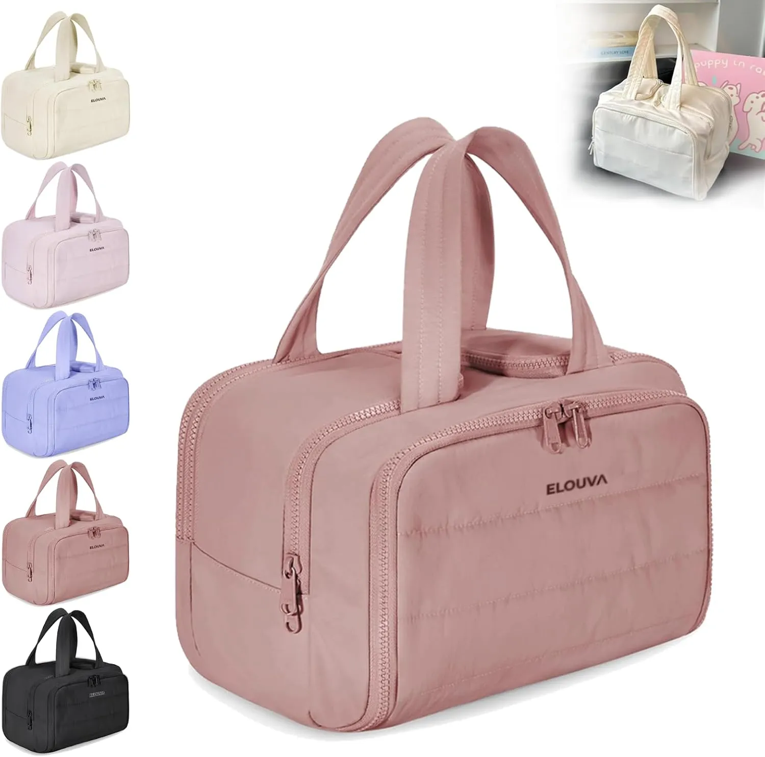 Elouva Toiletry Bag, Elouva Large Capacity Travel Cosmetic Bag, 4-In-1 Puffy Multi-Functional Toiletry Bags, Portable Waterproof Open Flat Organizer Bags, Can be taken on board (pink)