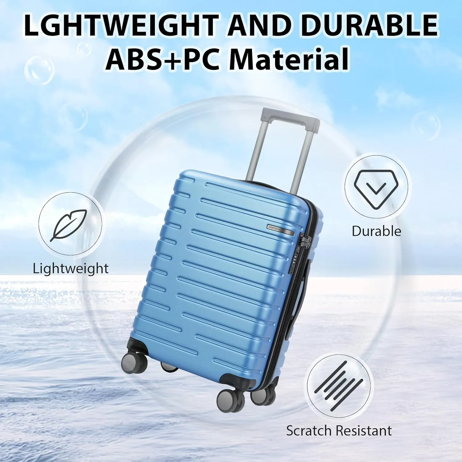 EMPSIGN Carry On Luggage with Spinner Wheels, Hard Shell Carry-On Suitcase 21x14x9 Airline Approved & Built-in TSA Lock, Durable Travel Rolling Suitcase, Carry-On 20-Inch, Light Blue