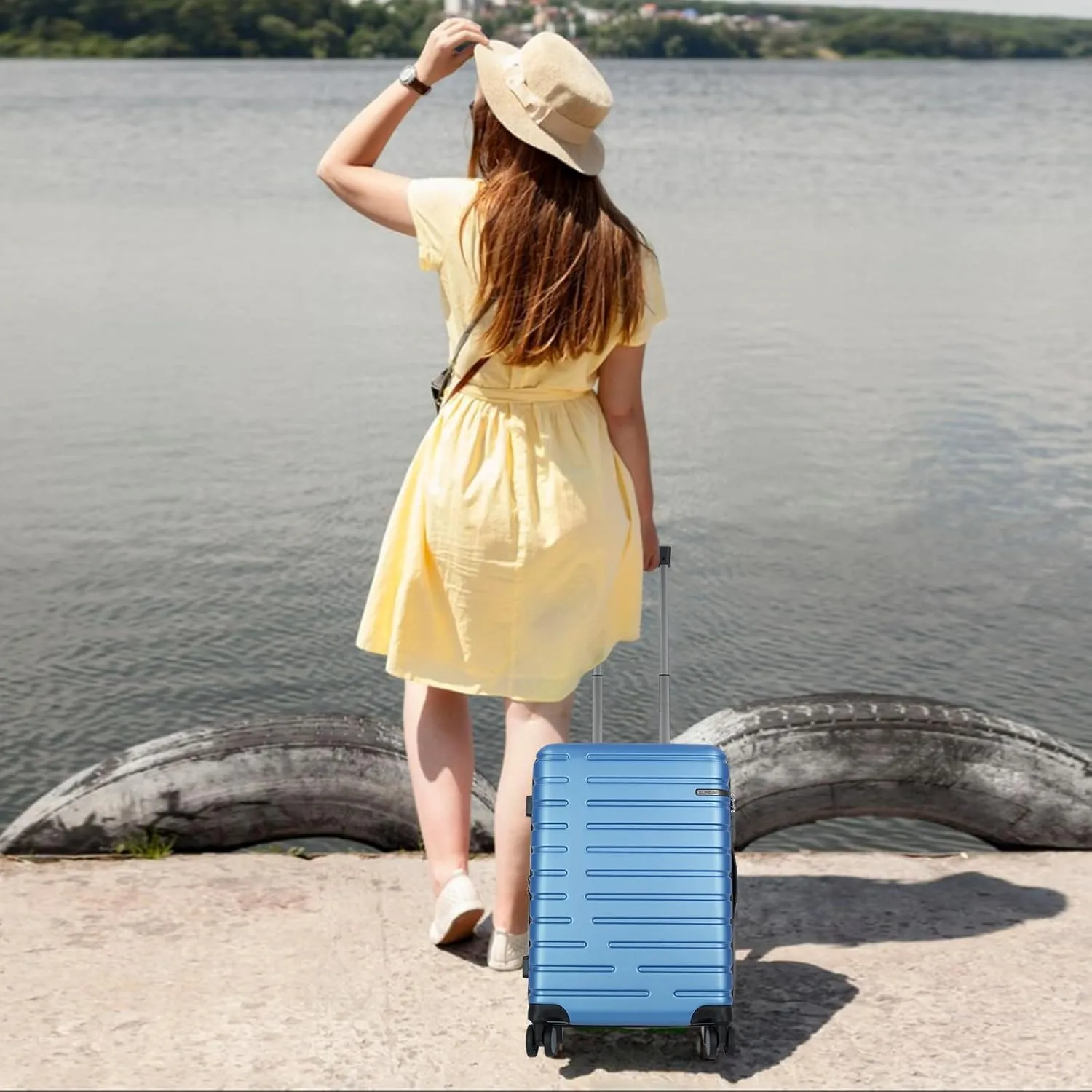 EMPSIGN Carry On Luggage with Spinner Wheels, Hard Shell Carry-On Suitcase 21x14x9 Airline Approved & Built-in TSA Lock, Durable Travel Rolling Suitcase, Carry-On 20-Inch, Light Blue