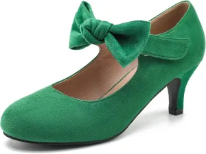 Enelauge Women's Bow Mary Jane Pumps Low Kitten Heels Round Toe Ankle Strap Wedding Office Work Dress Evening Party Shoes