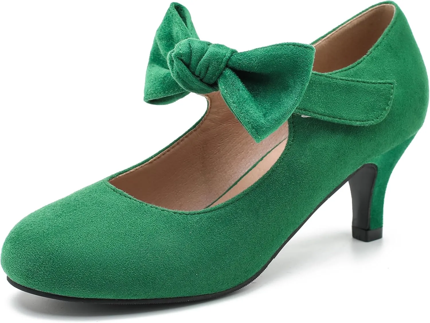 Enelauge Women's Bow Mary Jane Pumps Low Kitten Heels Round Toe Ankle Strap Wedding Office Work Dress Evening Party Shoes