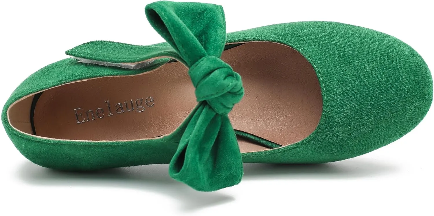 Enelauge Women's Bow Mary Jane Pumps Low Kitten Heels Round Toe Ankle Strap Wedding Office Work Dress Evening Party Shoes