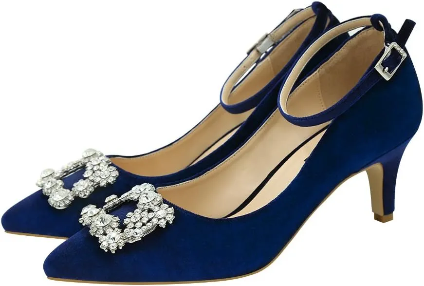 ERIJUNOR Low Heel Pumps for Women Comfort Kitten Heels Rhinestone Brooch Evening Dress Shoes