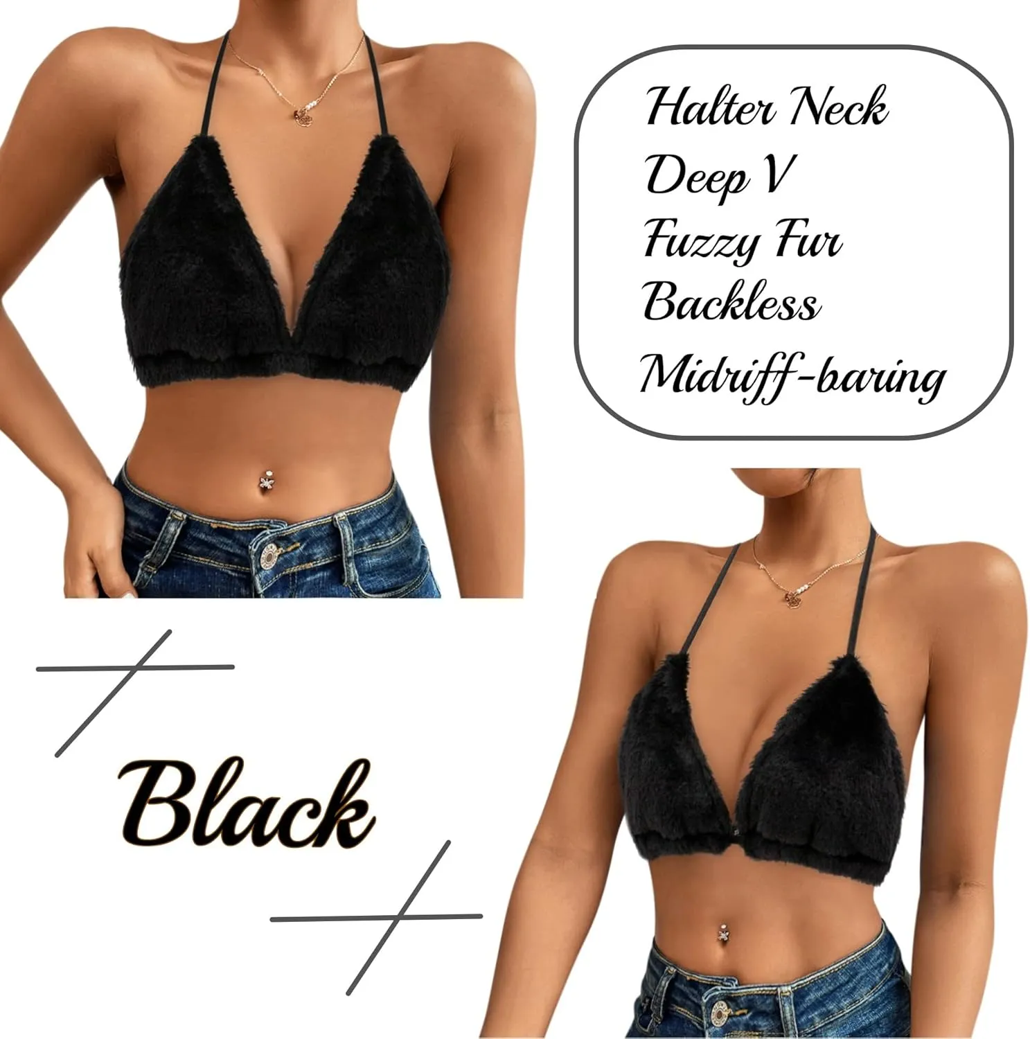 Erinaco Women's Fluffy Plush Crop Top Sexy Bra Halter Lace-up Bikini Bralette Tank Tops Cami
