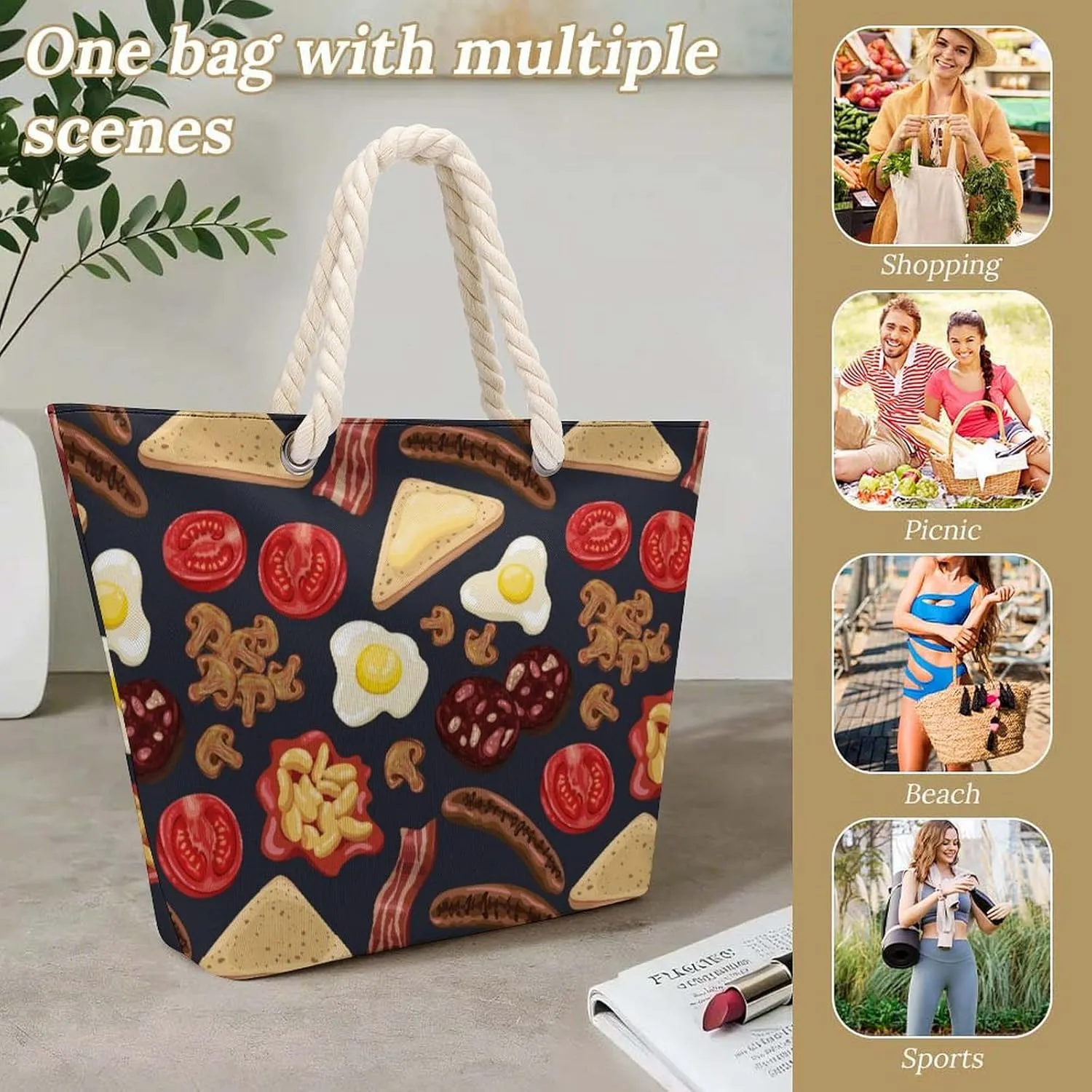 Ethnic Vintage Tribal Beach Bags for Women Waterproof Large Tote Bag with Zipper Travel Carry Bag Grocery Handbag
