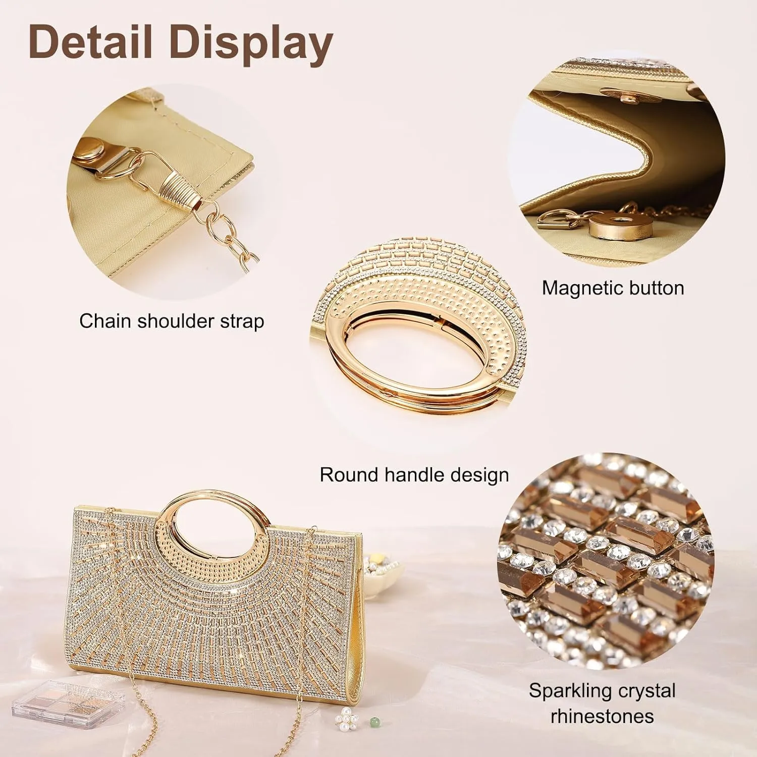 Evening Bags Clutch Purses for Women Formal, Rhinestone Handbags Purse Shoulder Bag with Chain Sparkly for Wedding Guest Party Gold