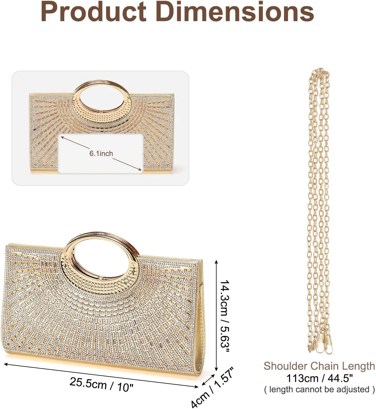 Evening Bags Clutch Purses for Women Formal, Rhinestone Handbags Purse Shoulder Bag with Chain Sparkly for Wedding Guest Party Gold