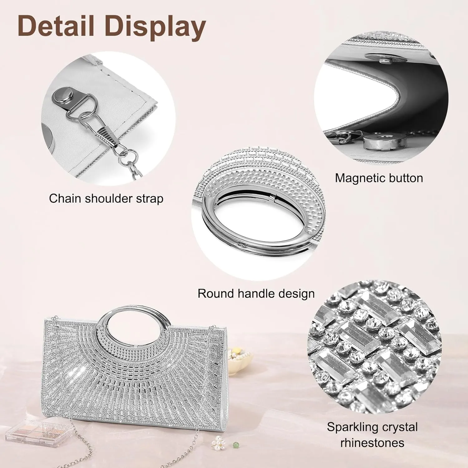 Evening Bags Clutch Purses for Women Formal, Rhinestone Handbags Purse Shoulder Bag with Chain Sparkly for Wedding Guest Party Silver