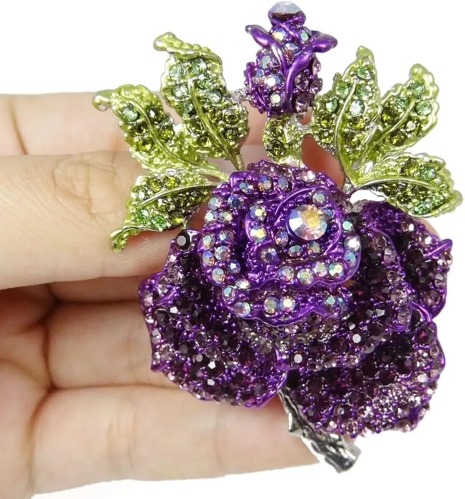 EVER FAITH Mothers' Gifts Austrian Crystal Enamel Rose Flower Leaf Brooch