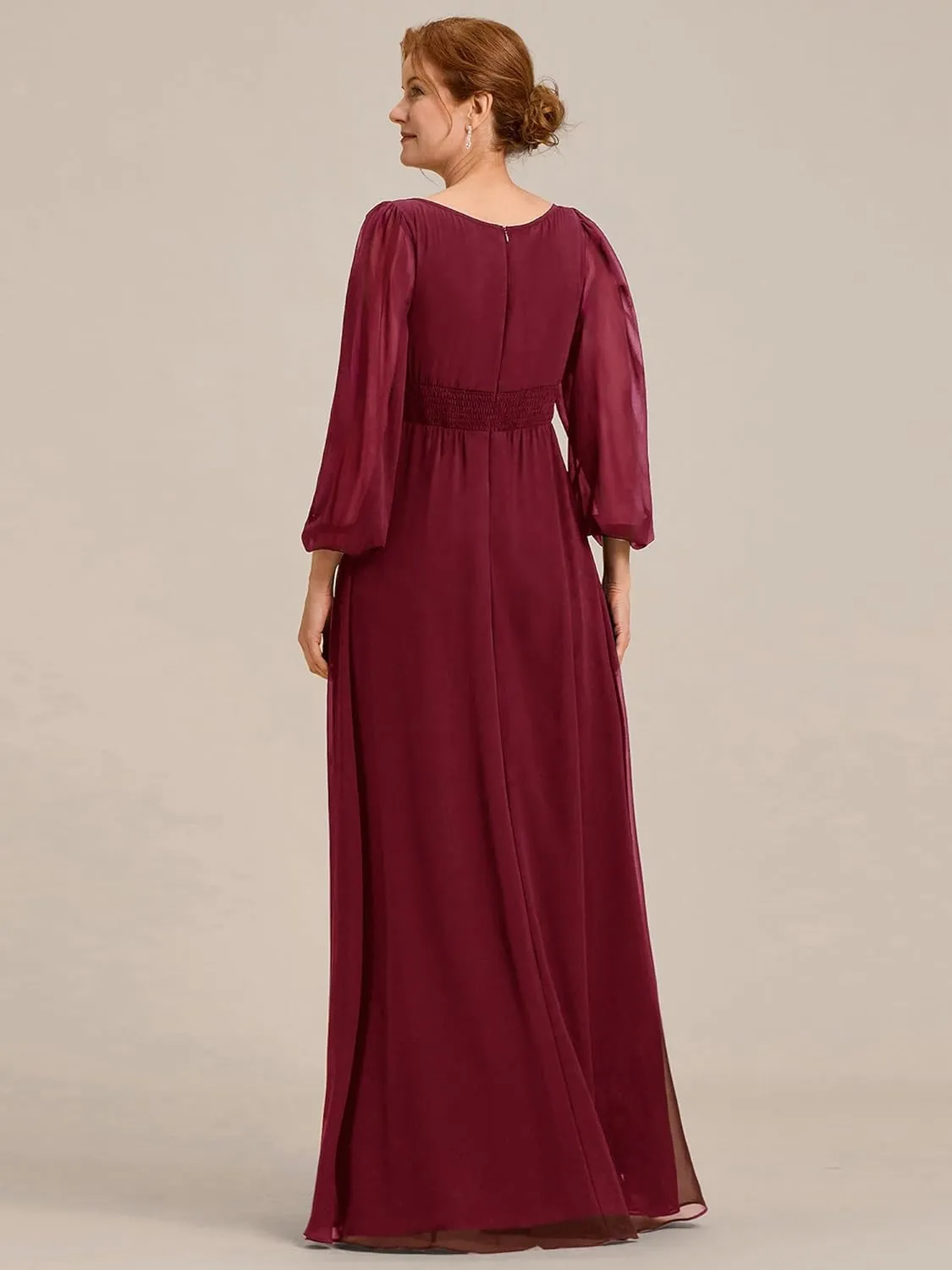 Ever-Pretty Classic Round Neck Long Sleeves Empire Waist Floor Length Chiffon Mother of The Bride Dresses 0106B-PH