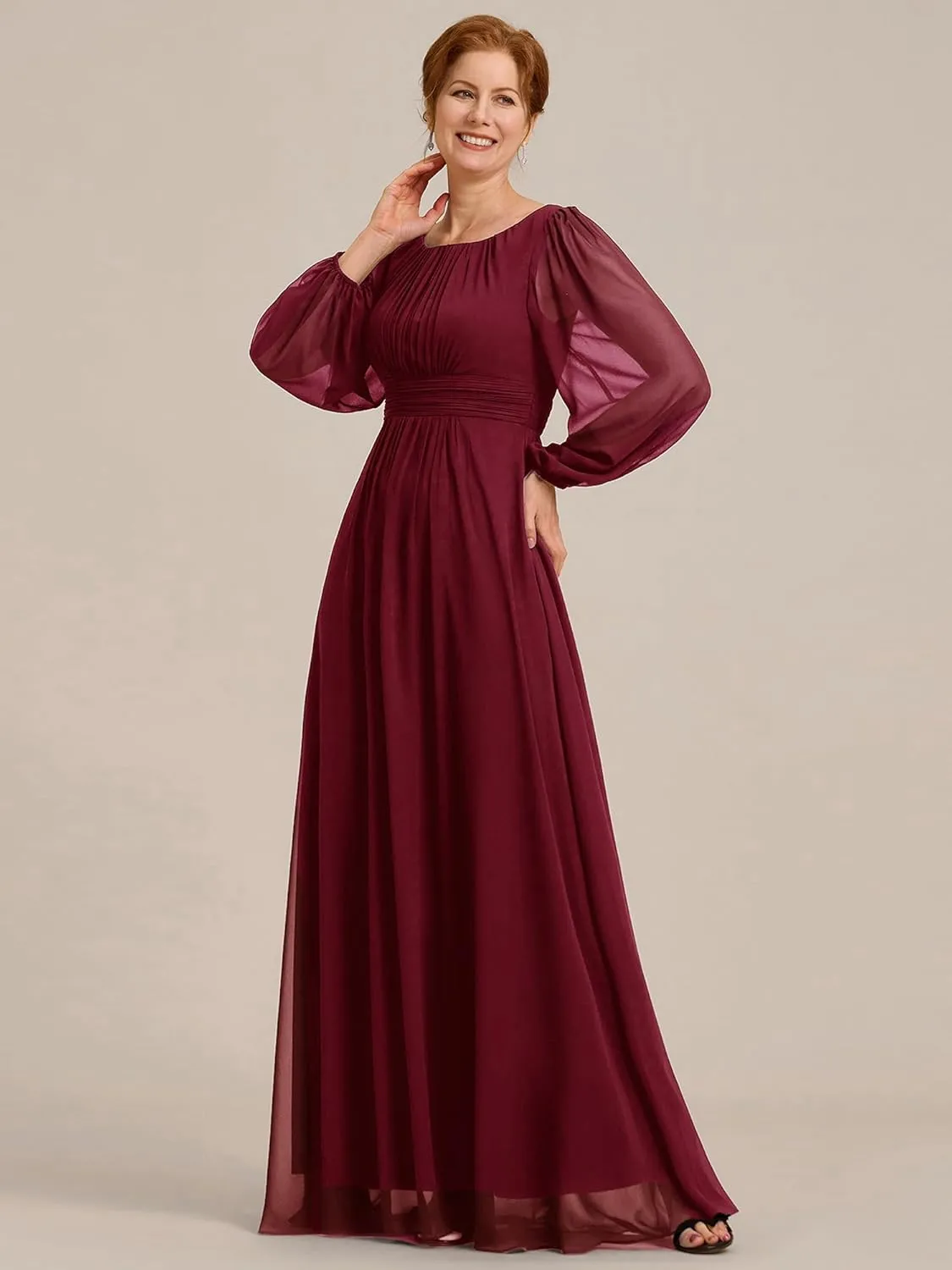 Ever-Pretty Classic Round Neck Long Sleeves Empire Waist Floor Length Chiffon Mother of The Bride Dresses 0106B-PH