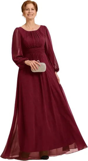 Ever-Pretty Classic Round Neck Long Sleeves Empire Waist Floor Length Chiffon Mother of The Bride Dresses 0106B-PH