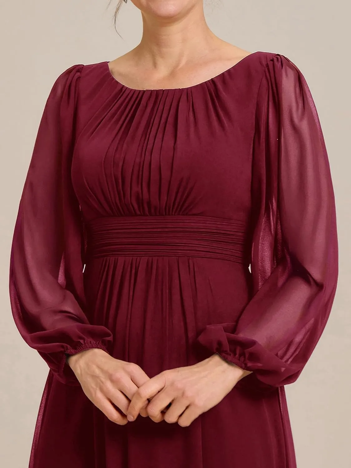 Ever-Pretty Classic Round Neck Long Sleeves Empire Waist Floor Length Chiffon Mother of The Bride Dresses 0106B-PH