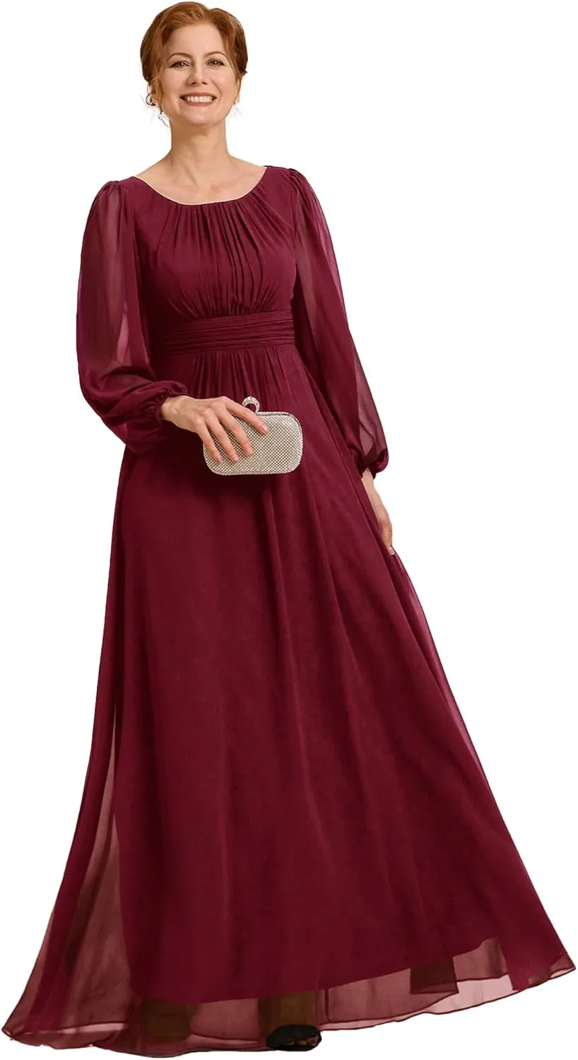 Ever-Pretty Classic Round Neck Long Sleeves Empire Waist Floor Length Chiffon Mother of The Bride Dresses 0106B-PH