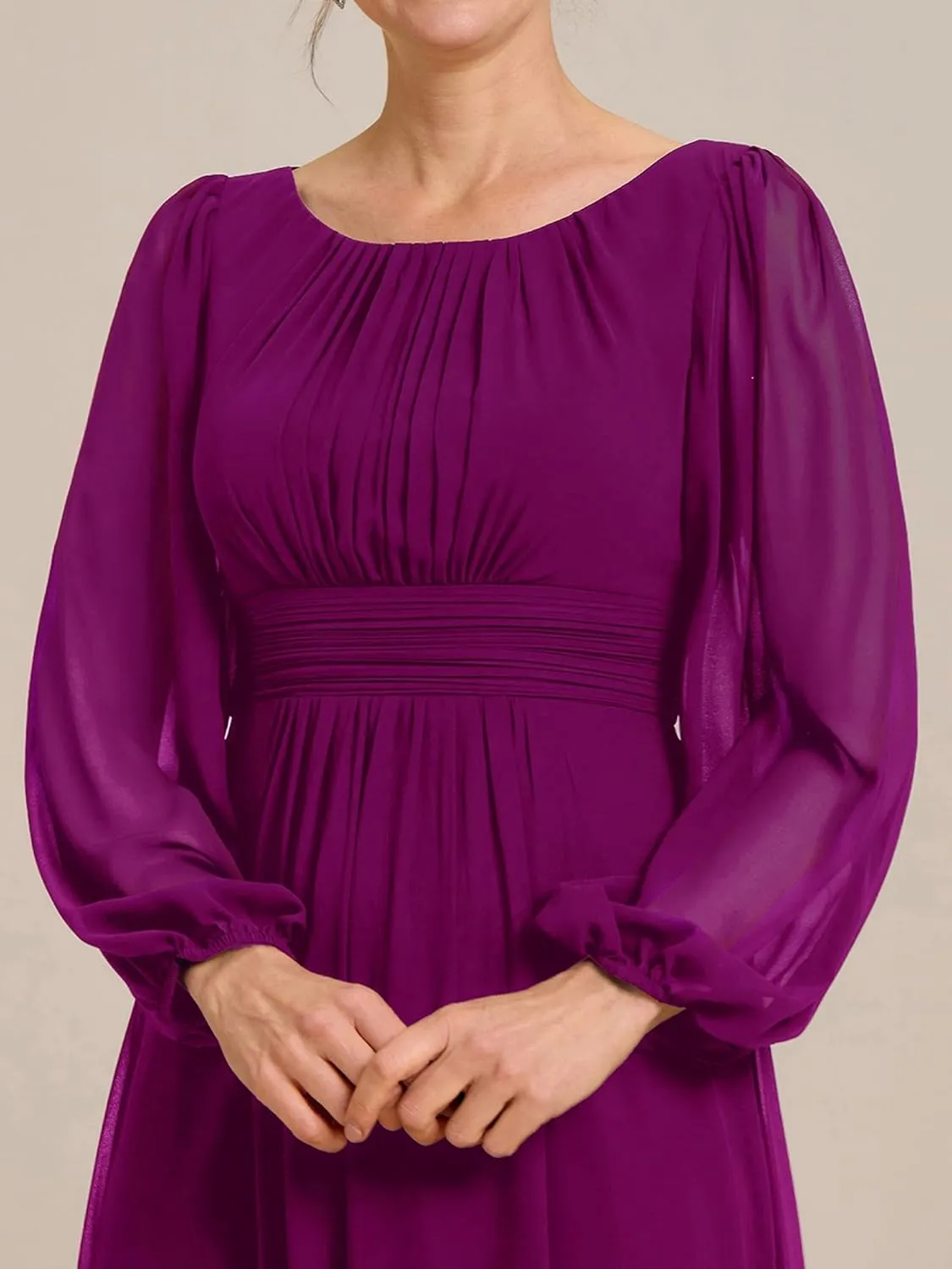 Ever-Pretty Classic Round Neck Long Sleeves Empire Waist Floor Length Chiffon Mother of The Bride Dresses 0106B-PH