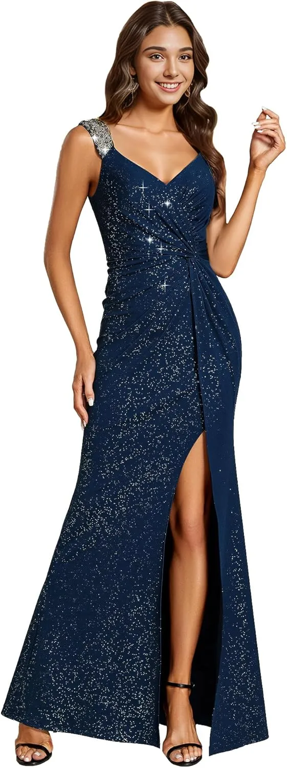 Ever-Pretty Glitter Evening Dresses Women's V Neck High Slit Sequin Shoulder Strap Maxi Formal Dress 01888