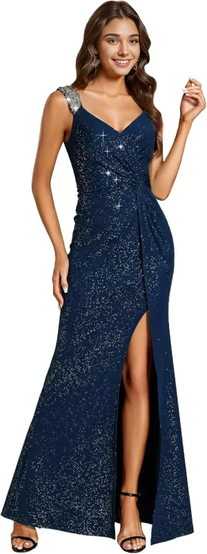 Ever-Pretty Glitter Evening Dresses Women's V Neck High Slit Sequin Shoulder Strap Maxi Formal Dress 01888