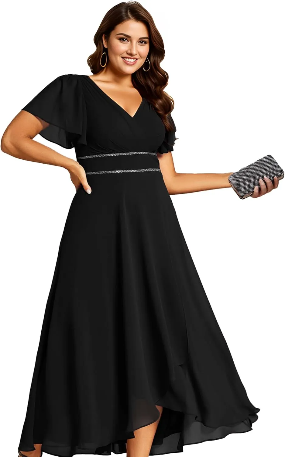Ever-Pretty Plus Women's V-Neck Chiffon Beading Short Ruffles Sleeves Maxi Plus Size Formal Evening Dresses