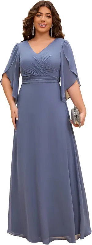 Ever-Pretty Plus Women's V Neck Chiffon Pleated A Line Maxi Plus Size Mother of The Bride Dresses with Sleeves 02270-DA