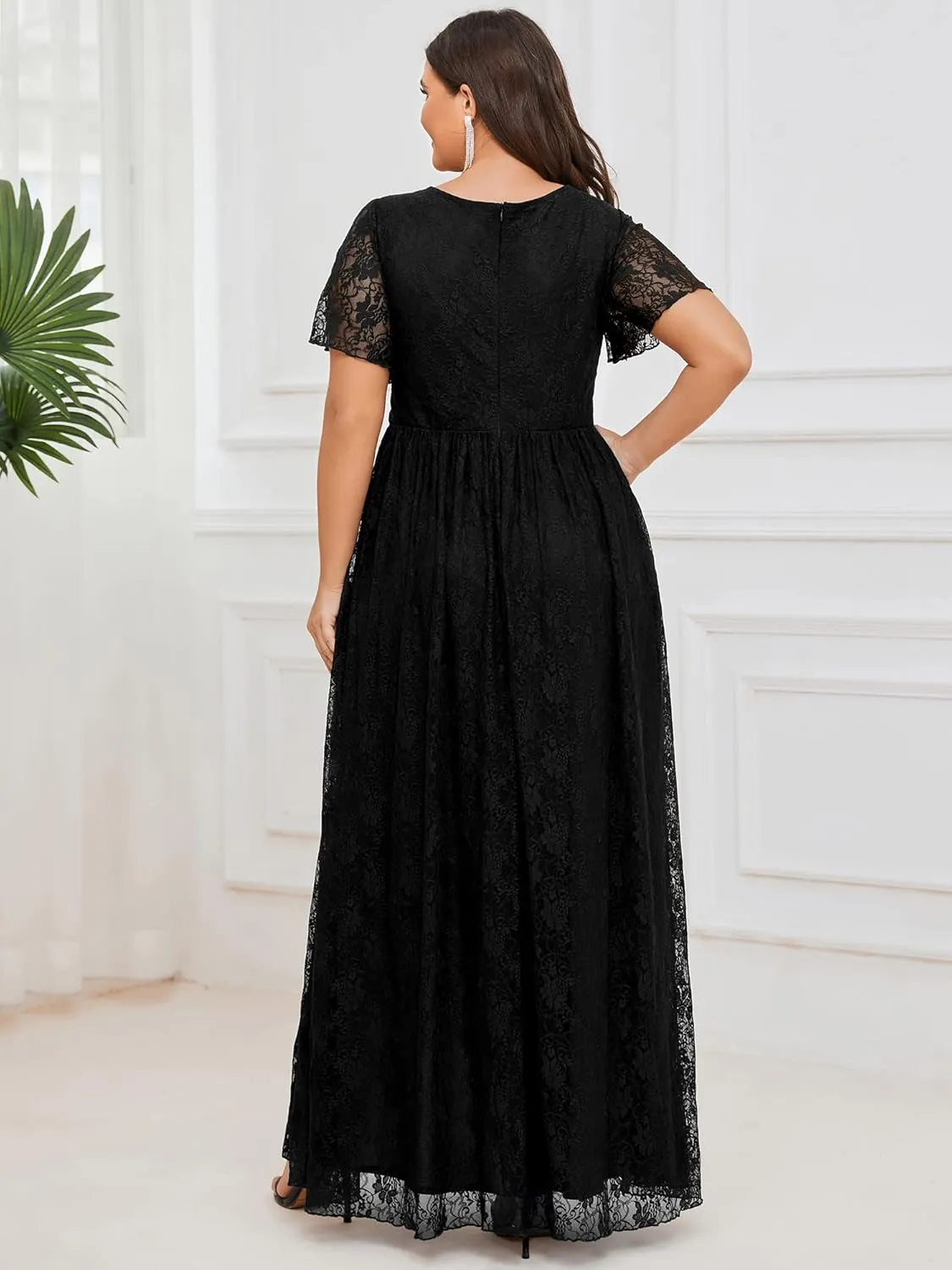 Ever-Pretty Plus Women's V Neck Ruffles Sleeves Lace Summer Plus Size Semi Formal Dress for Curvy Women 01489-DA