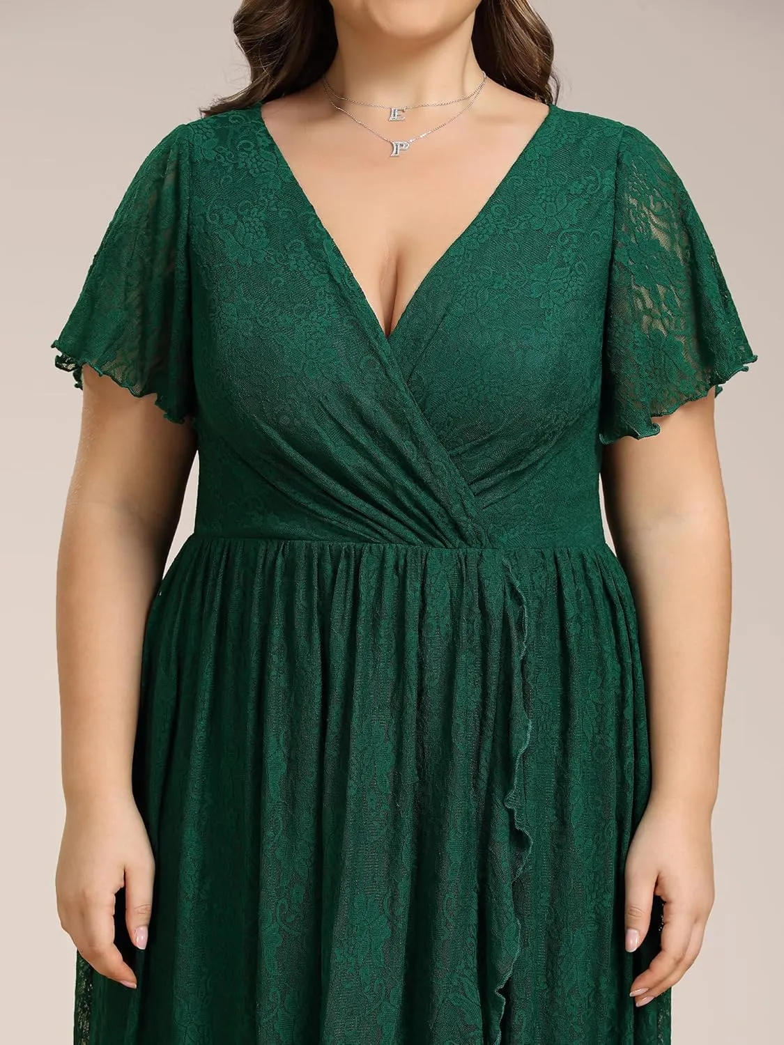 Ever-Pretty Plus Women's V Neck Ruffles Sleeves Lace Summer Plus Size Semi Formal Dress for Curvy Women 01489-DA